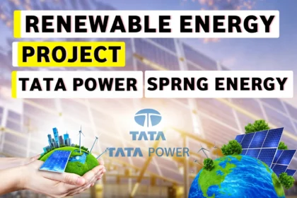 This image show the Solar panel in the background and front text Renewable Energy project of TATA Power And Sprng Energy and also logo of Earch that containing Solar pannel in the corners